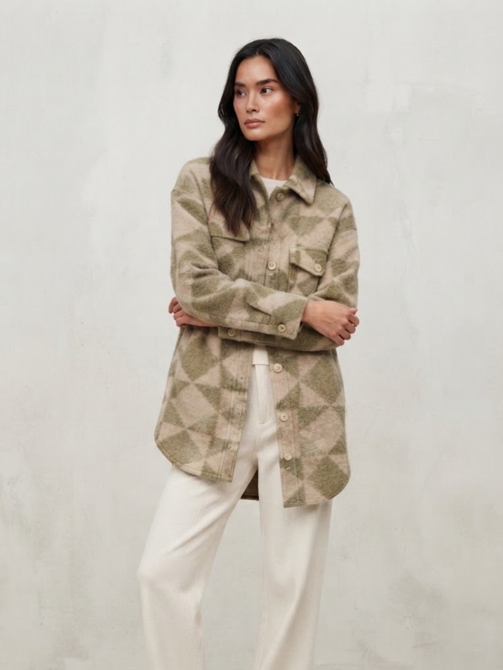 ARITZIA Wilfred WOOL The Ganna ™ Shirt Jacket Geometric Pattern Green Cream XS